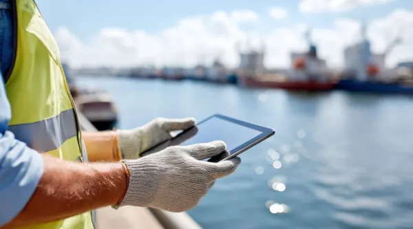 Utilities worker holding a tablet by a river