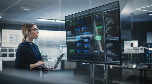 Cyber consultant on laptop looks at data on big screen