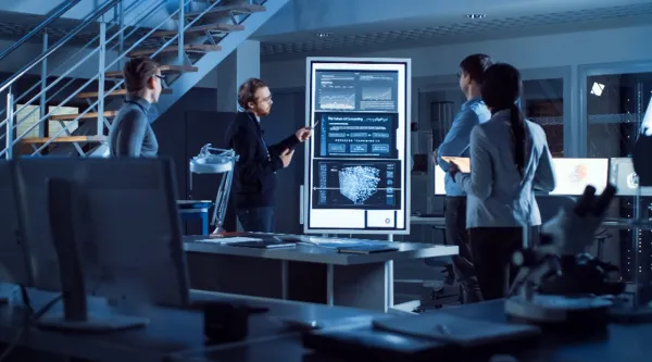 Team analysiert Dashboard zur Umsetzung skalierbarer Data Spaces in modernen Datenökosystemen.