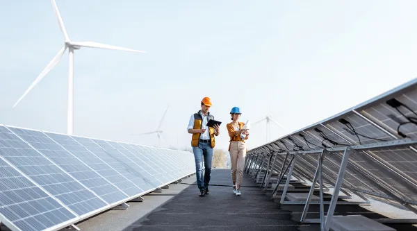 Two people walking between rows of solar panels