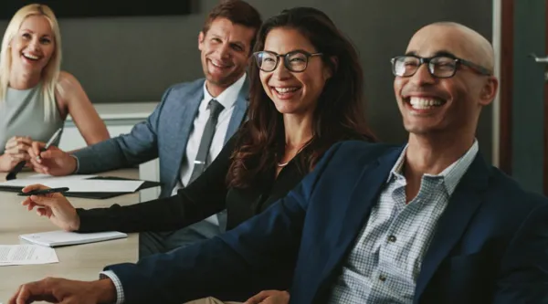 Four business people smiling while listening to a speaker