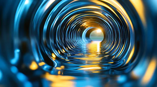 Abstract digital-inspired tunnel featuring glowing blue and gold reflections