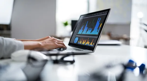 professional on laptop with financial data on screen