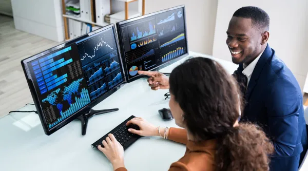 professionals looking at data on computer screen