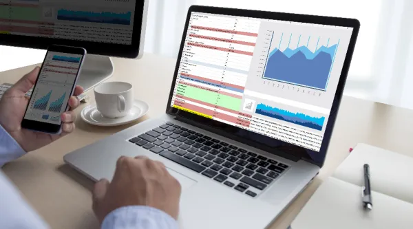Treasury cybersecurity professional reviewing financial data on laptop and smartphone