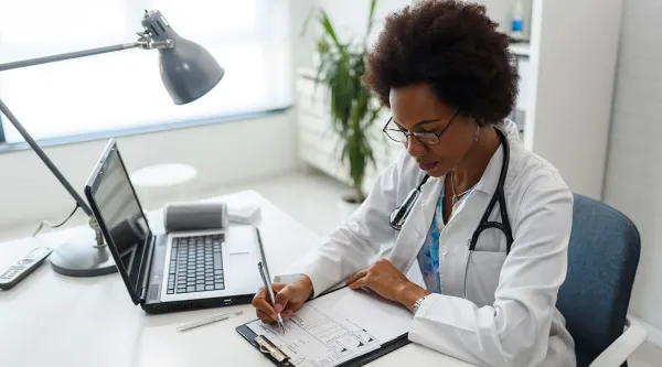 A life sciences professional working at a desk