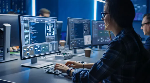 Software developer coding in a data center system control room