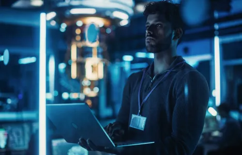 technicien dans un laboratoire informatique devant un ordinateur quantique