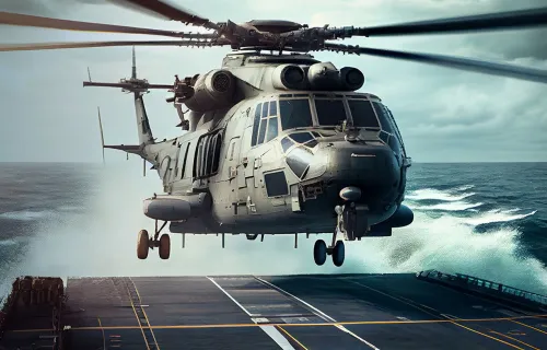 Navy helicopter landing on aircraft carrier
