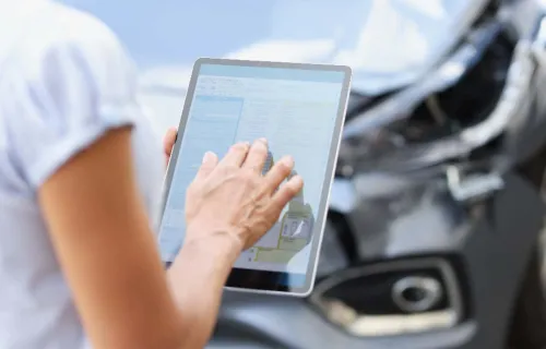 adjuster using tablet at car accident site
