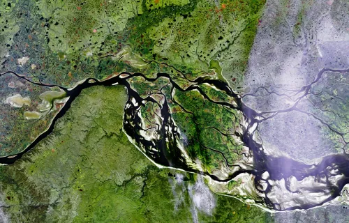 Aerial satellite view of a sprawling river delta