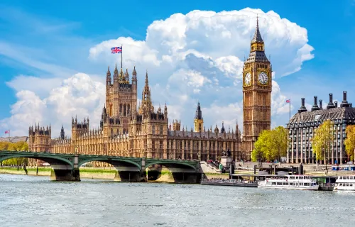View across the River Thames toward the Houses of Parliament and Big Ben in London