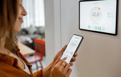 Woman looking at a smart meter