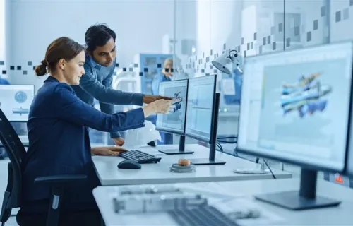 A man and woman pointing at a computer monitor
