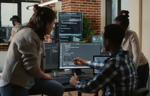 peopl gathered at computer looking at code