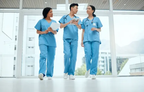 Young medical students walking and talking