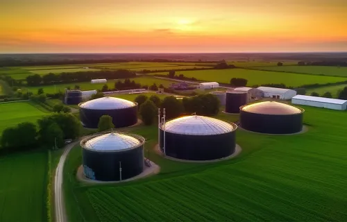 Aerial view of green biogas plant and farm in green fields