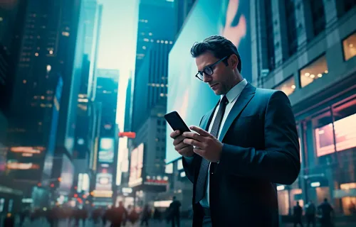 Business man looking at smartphone on an urban street