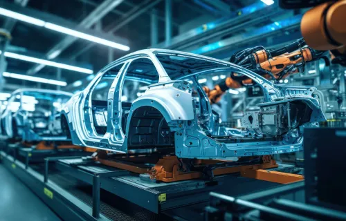 Bilkarosser monteras av industrirobotar på en automatiserad produktionslinje i en modern…