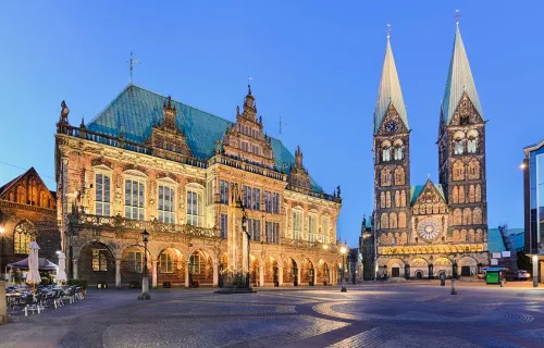 Historic buildings in Bremen viewed from a city square