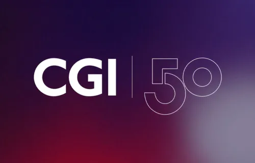 CGI:s 50-årsjubileumslogotyp med den vita CGI-loggan och siffran 50 i lila konturlinjer mot en mörklila bakgrund med röda färgtoner.