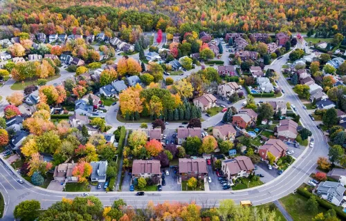Aerial view of a suburban neighborhood in the Fall