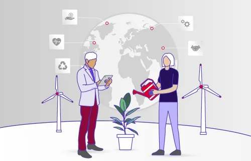 Illustration zwei Personen gießen eine Pflanze