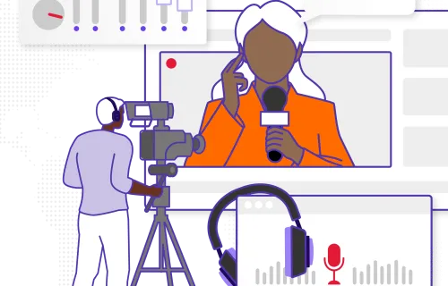 Illustration représentant une salle de rédaction télévisée avec une journaliste et un caméraman