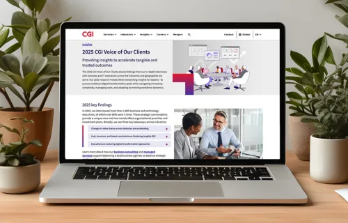 Kuvituskuva: CGI Voice of Our Clients -tutkimussivu on auki läppärillä.