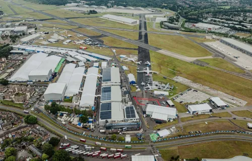 Aerial view of a large airport and exhibition complex