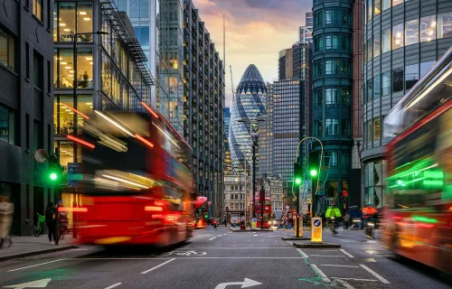 London city center traffic at sunset