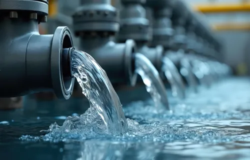 L'eau s'écoule des becs d'un tuyau industriel pour se déverser dans un bassin