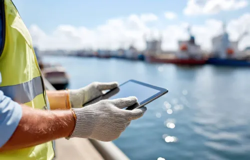 Utilities worker holding a tablet by a river