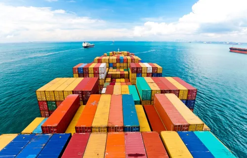 Containers on a ship at sea viewed from above