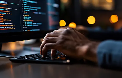 Image of hands on a keyboard in a dark work area