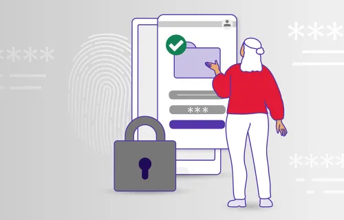 Illustration av en person som loggar in på en digital enhet med säker autentisering. En stor…
