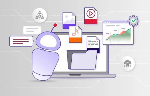 Illustration av en person som arbetar vid en dator med diagram, grafer och dokument runt omkring. Symboliserar dataanalys, rapportering och digitalt beslutsstöd.