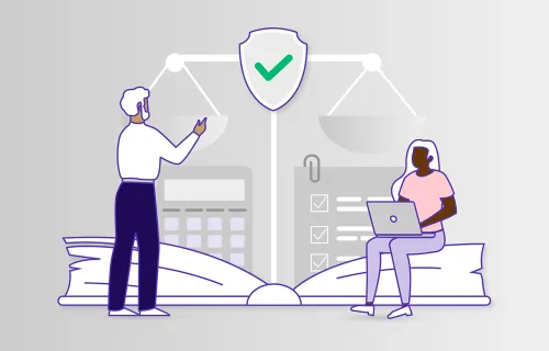 Illustrasjon av to personer med skjema og laptop foran vektskål og skjold med grønn hake