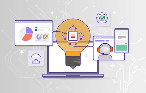 Illustration av en laptop med en glödlampa som innehåller ett mikrochip, omgiven av diagram, molntjänster, automatisering och digital support. Bilden symboliserar innovation, AI, dataanalys och digital transformation.