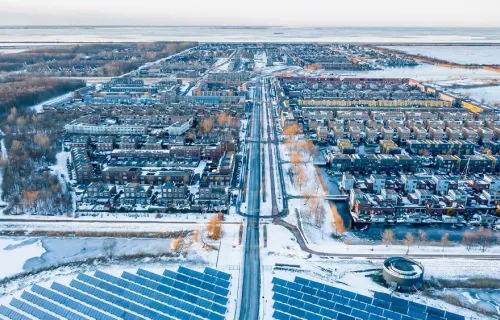 Aerial view of city after snow storm