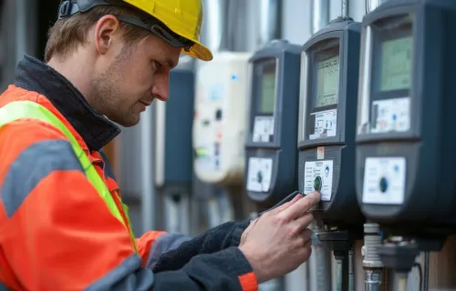 Ein Mitarbeiter überprüft intelligente Wasserzähler auf Verbrauchsdaten.