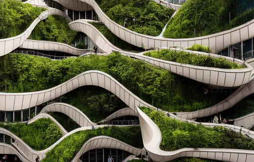 Modern building covered in green plants