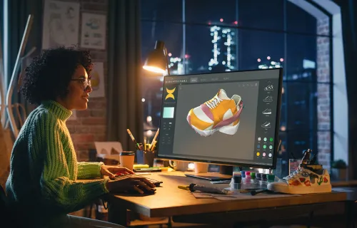 Woman looking at 3D shoe on computer screen