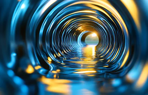 Tunnel abstrait d'inspiration numérique aux reflets bleus et dorés lumineux.