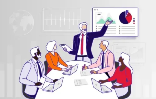 Team meeting with a presenter showing charts on a screen.