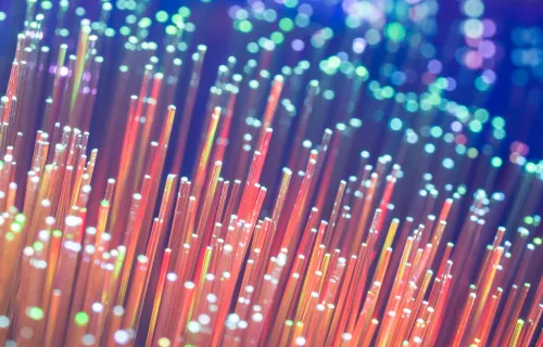 Close-up of colorful fiber optic cables with glowing illuminated tips