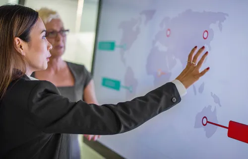 consultant pointing to global delivery map