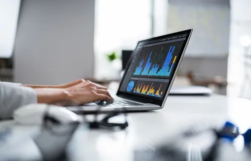 IT Consultant looking at data chart on laptop