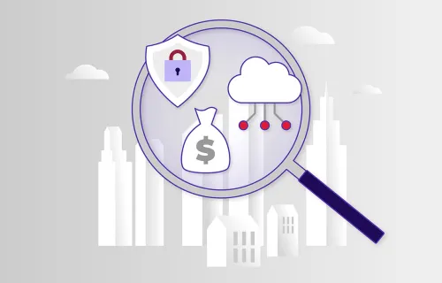 Illustration av ett förstoringsglas som fokuserar på tre digitala ikoner: ett låst…