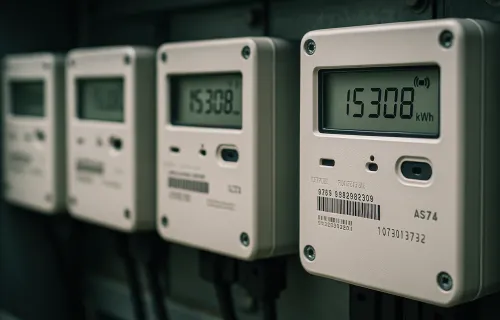 Rekke med Aidon målere montert på vegg.